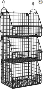 Stackable Wire Storage Baskets for Kitchen Closet Pantry, Hanging Closet Organizers Storage Shelves Organization, Wall Mount Metal Basket Bins, Clothing Vegetable & Fruit Organizer 3 pcs