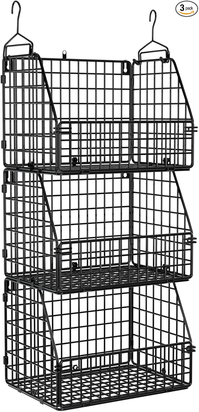 Stackable Wire Storage Baskets for Kitchen Closet Pantry, Hanging Closet Organizers Storage Shelves Organization, Wall Mount Metal Basket Bins, Clothing Vegetable & Fruit Organizer 3 pcs