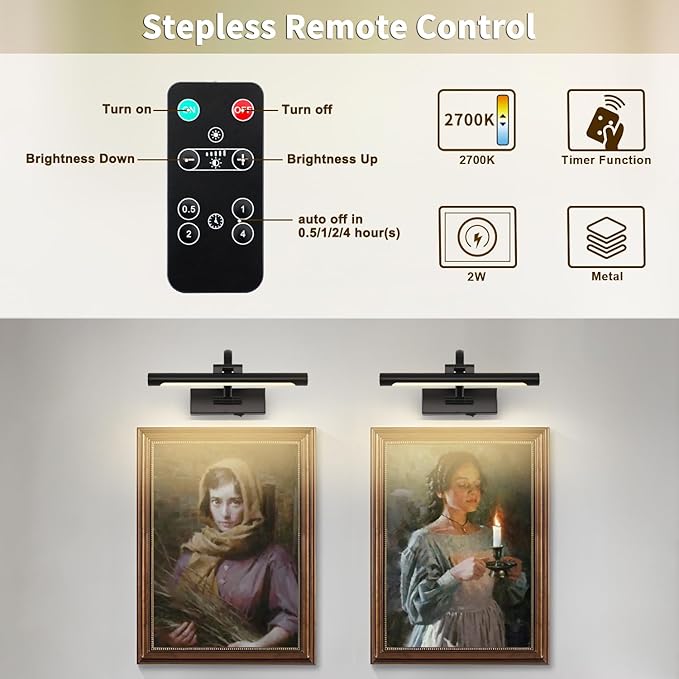 Battery Operated Picture Lights for Wall Black Art Light Wireless Gallery Lights with Timer and Remote 12 Inch 2W Warm White
