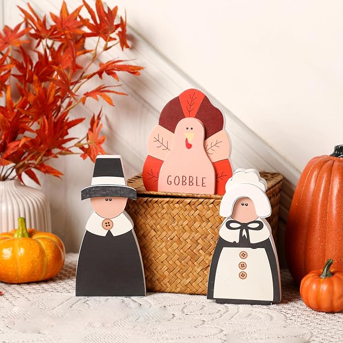 Amorita Fall Thanksgiving Decorations Wooden Turkey Pilgrim Couple Table Sign 3 Pcs Fall Thanksgiving Decor Standing Tabletop Sign Decor for Autumn Harvest - W