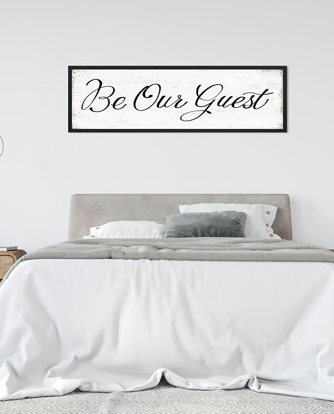 HLJ ART Be Our Guest Wall Decor: Farmhouse Bedroom Art Above Bed, 12" x 40" Framed Large Guest Room Signs, Rustic Country Decorative Plaques for Home Living Room Kitchen