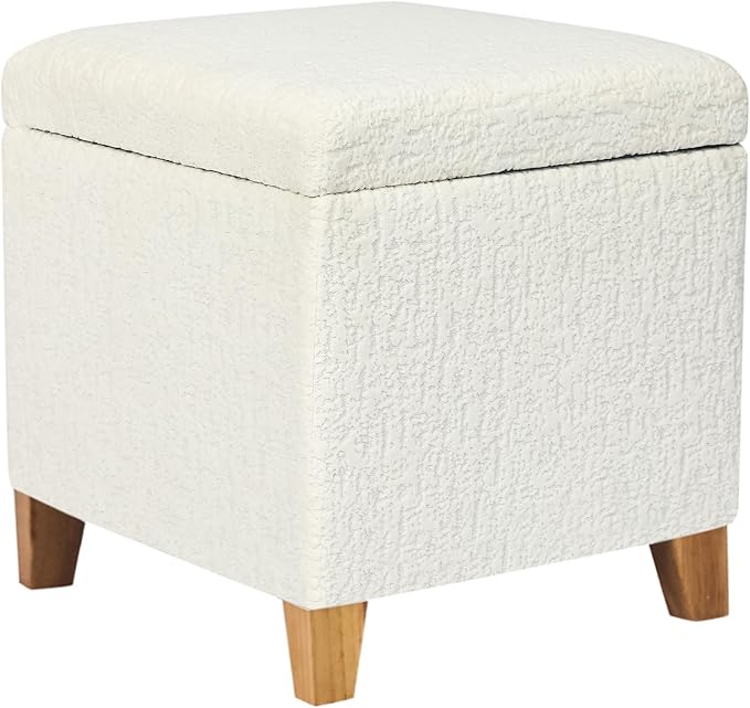 Adeco 18 Inch High Faux Fur White Cube Ottoman Storage, 3D Embossed Velvet Chair Foot Stools, Upholstered Vanity Stool with Hinged Lid, Solid Wood Legs
