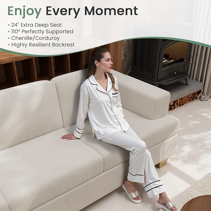89" White Corduroy Sofa for Living Room, 3 Seater Cloud Couch, Deep Seat Floor Couch for Bedroom, Futon Modern Sofa Bed, White Corduroy
