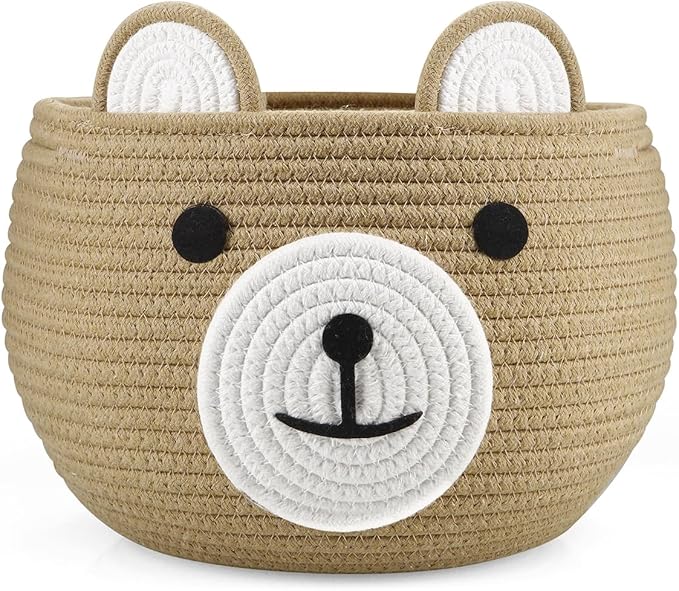 PandaEar Cotton Rope Baby Basket, Baby Gift Basket Nursery Laundry Organizer with Cute Bear Design for Storage Infant Newborn Essentials, Diaper Caddy with Handle (Brown)