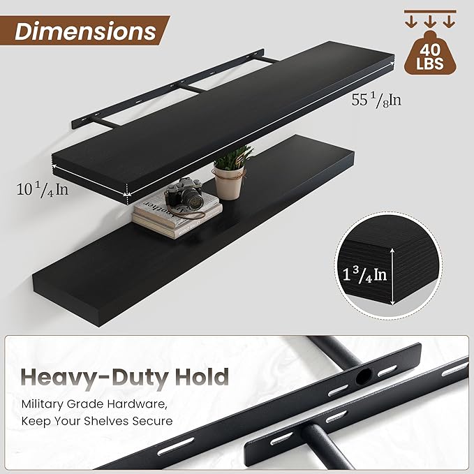 Heimlove 55 Inch Floating Shelves for Wall,10 Deep Large Black Wall Shelf with Heavy Duty Brackets,Mounted Storage & Display Shelves for Bedroom,Living Room,Kitchen,Office,Set of 2
