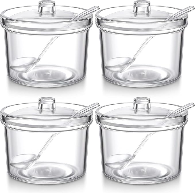 Patelai 4 Pieces Sugar Bowl Acrylic Clear Sugar Bowl with Lid and Salt Spoon Storage Jar with Airtight Lid for Salt, Tea, Spices, Herbs, Condiments(7.1 oz)