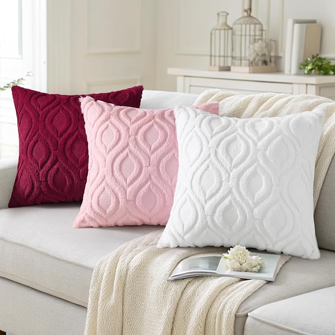 decorUhome Throw Pillow Covers 18x18 Inch Set of 2, Soft Plush Decorative Faux Fur Light Pink Solid Couch Pillow Covers, Accent Farmhouse Neutral Square Euro Pillow Cases for Sofa Bed Living Room