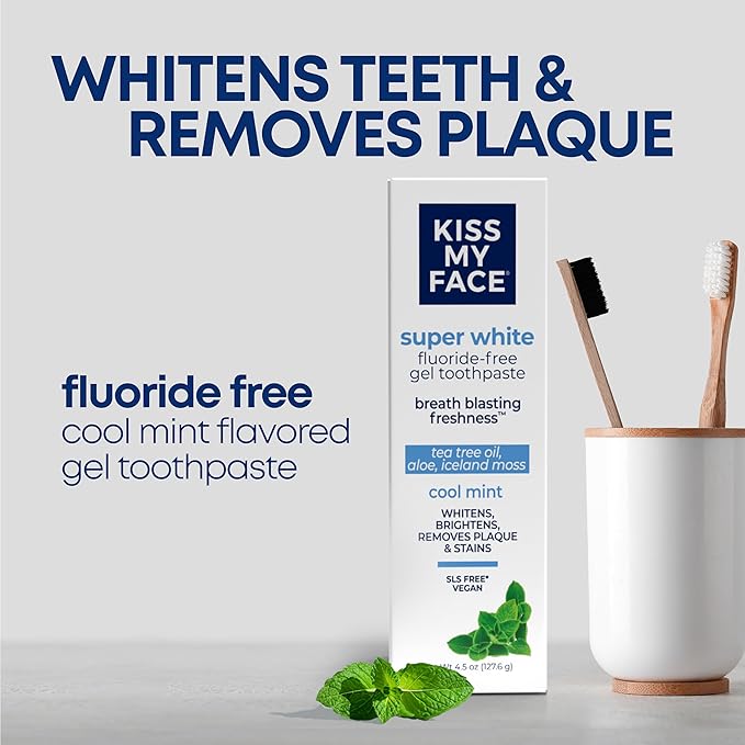 Kiss My Face Super White Toothpaste Gel, Cool Mint Flavor, Removes Plaque and Stains, Teeth Whitening Toothpaste, Fluoride Free, Vegan, 4.5 oz, 3 Pack