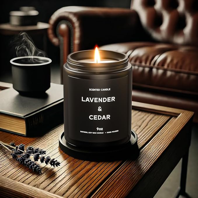 Lavender＆Cedar Candle, 9oz Scented Candle for Men, Scented Candles for Home, Soy Candle Gifts for Men, Personalized Blessing Minimalist Men's Scented Candle