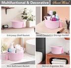 Empty Gift Basket – SweetMemo Mini Woven Rope Organizer Baskets for Gifting, Baby Shower, Desk, Makeup Brushes, Bathroom, Shelves – Small Decorative Storage Bin with Gift Bag & Ribbon – Blush Pink