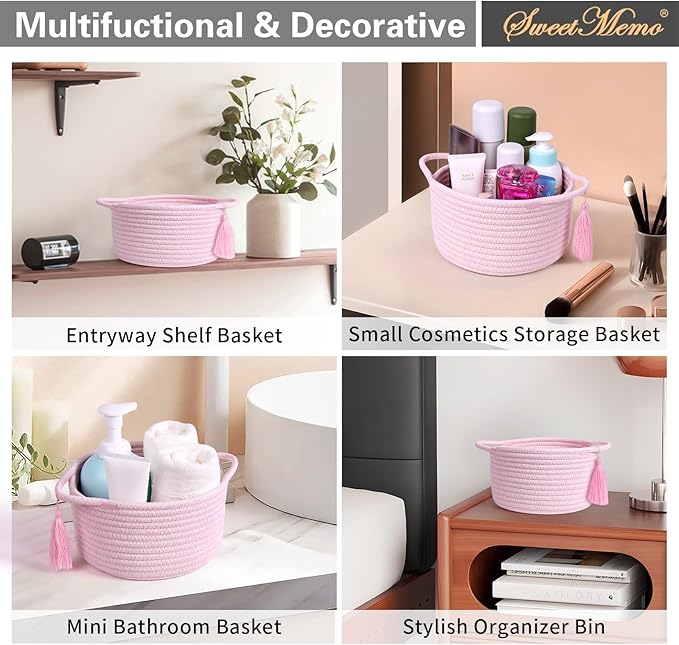 Empty Gift Basket – SweetMemo Mini Woven Rope Organizer Baskets for Gifting, Baby Shower, Desk, Makeup Brushes, Bathroom, Shelves – Small Decorative Storage Bin with Gift Bag & Ribbon – Blush Pink