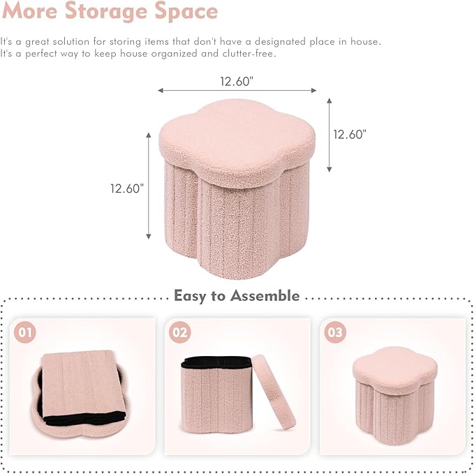 B FSOBEIIALEO Storage Ottoman Cube, Flowers Shaped Ottomans with Storage Foot Stool Footrest for Lving Room, Boucle Ottoman Seat for Dorm Room,Faux Teddy Fur, Pink 12.6"x12.6"x12.6"