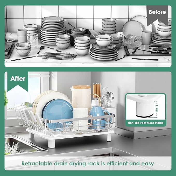 MOUKABAL Dish Drying Rack - Stainless Steel Dish Rack, Dish Racks for Kitchen Counter, Drying Rack Kitchen with Removable Utensil Holder, Drainboard and Glass Organizer (White)