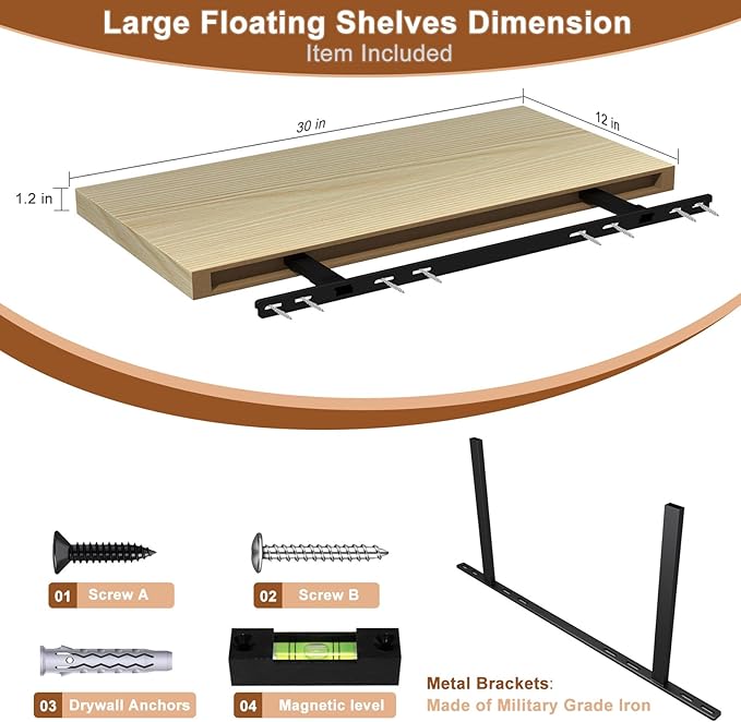 12 Inch Deep Floating Shelves for Wall 3 Pack Floating Shelves Large Storage Space Wall Mount Shelf for Living Room Kitchen Bathroom 30" W x 12" D x 1.2" H Oak
