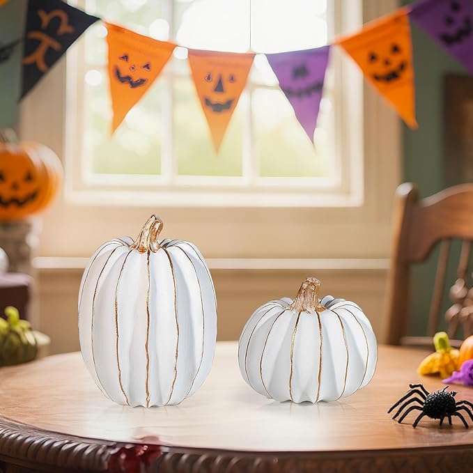 2Pcs Halloween Pumpkin Artificial Resin Pumpkins Decor for Mantel Harvest Autumn Tabletop Decoration Gold Fall Pumpkin Decorations Thanksgiving Table Centerpieces (Set C, ONE Size)