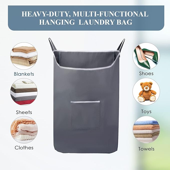 The Fine Living Co. X-Large Hanging Laundry Hamper with Over Door Hooks & Adhesive, Durable Space Saving Laundry Bag with Zipper and Wide Open Top,Hanging Dorm Laundry Hamper 20"x3.75"x31" (Gray-XL)