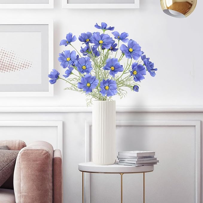 IPOPU Blue Flowers Artificial Cosmos 5PCS Fake Blue Wildflowers 24.5" Fake Daisies for Home Decor Indoor Faux Wild Flowers for Floral Arrangements Wedding Centerpiece