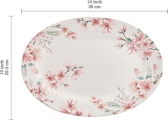 Bico Spring Sakura 16 plus 14 inch Ceramic Oval Platters Set, Set of 2, Microwave & Dishwasher Safe, for Serving Fish, Chicken, Turkey