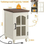 Narrow Side Table,Farmhouse Nightstand with Charging Station,Wood End Table with Glass Barn Door Storage, Cabinet Organizer with Adjustable Shelf, Night Stand for Small Spaces for Living Room Bedroom