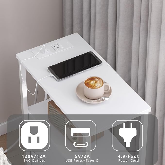 TUTOTAK Narrow Night Stand with Charging Station, Slim End Table with Plugins, Tall Side Table with 3 Fabric Drawer, Small Bedside Table with Storage, Living Room, Bedroom, White TB01BW086