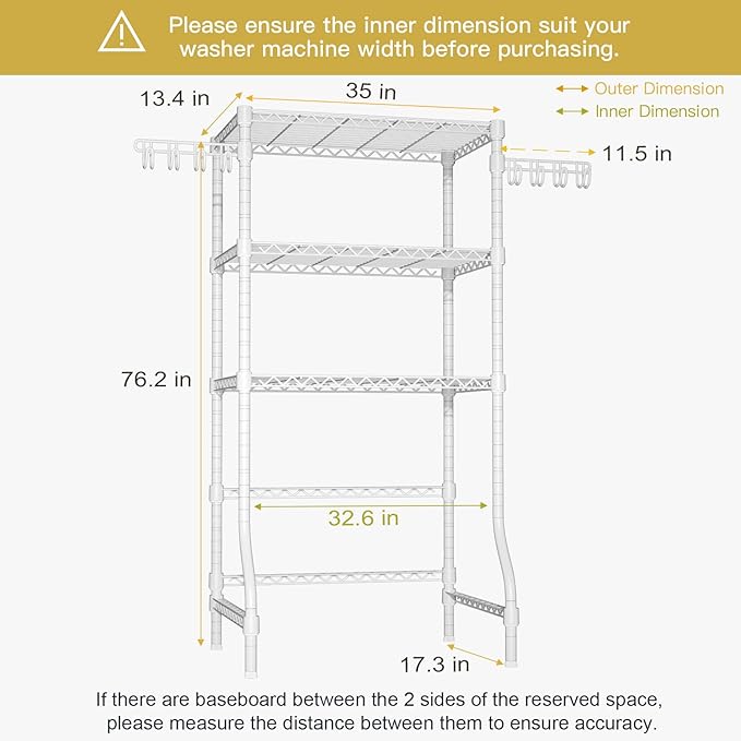 Ulif U8 Laundry Room Storage Organizer, Over The Washer and Dryer Storage Shelves for Laundry Organization, 35”W x 17.3”D x 76.2”H, Suit Washing Machine Width Within 32.6”, Hold 304 lb, White