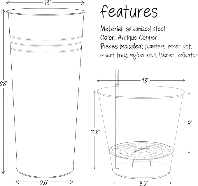 KOL 28'' Tall Galvanized Steel Planter Pot - Flower Pot with Water Level Indicator for Plants - 2 Pack Self Watering Planters - Round Bronze Powder Metal Planter Box - Indoor Outdoor Grande Plant