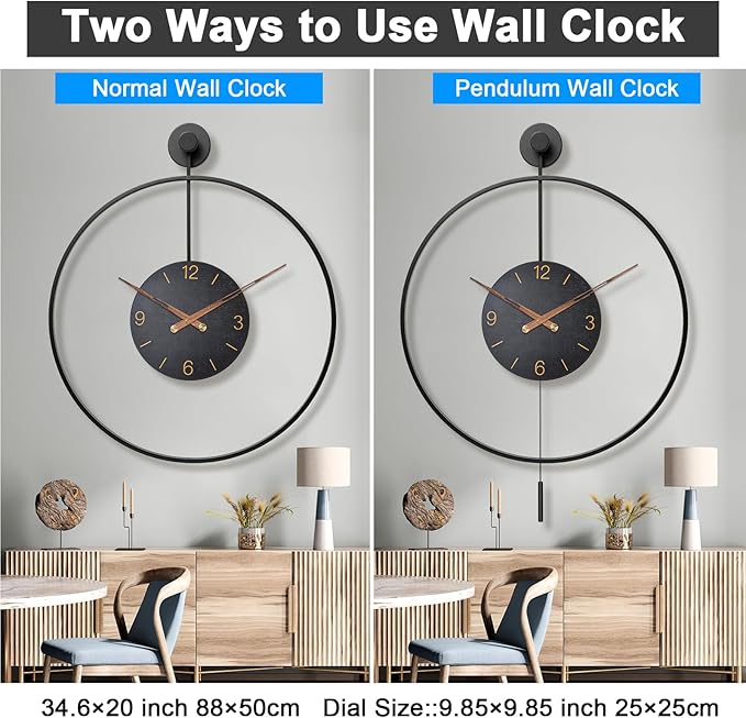 Large Modern Wall Clock,30.7× 20 Inch Big Metal Minimalist Arabic Numeral Dial,Decorative Farmhouse Pendulum Wall Clocks with Walnut Pointers forLiving Room Decor, Office,Dining Room