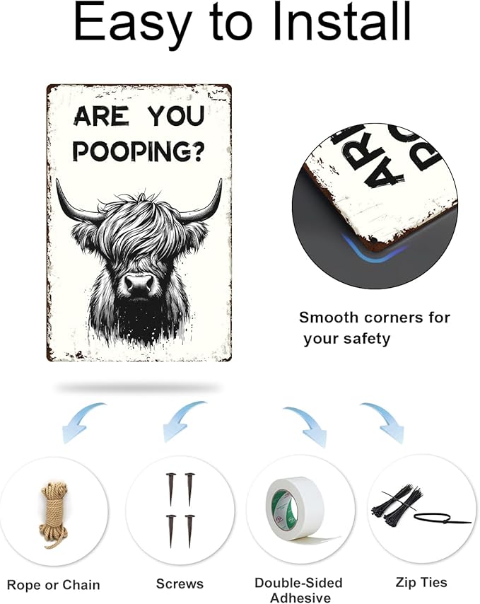ALKB Funny Highland Cow Are You Pooping Metal Signs Vintage Farmhouse Bathroom Wall Decor Highland Cow Lovers Gift 8 x 12 Inch