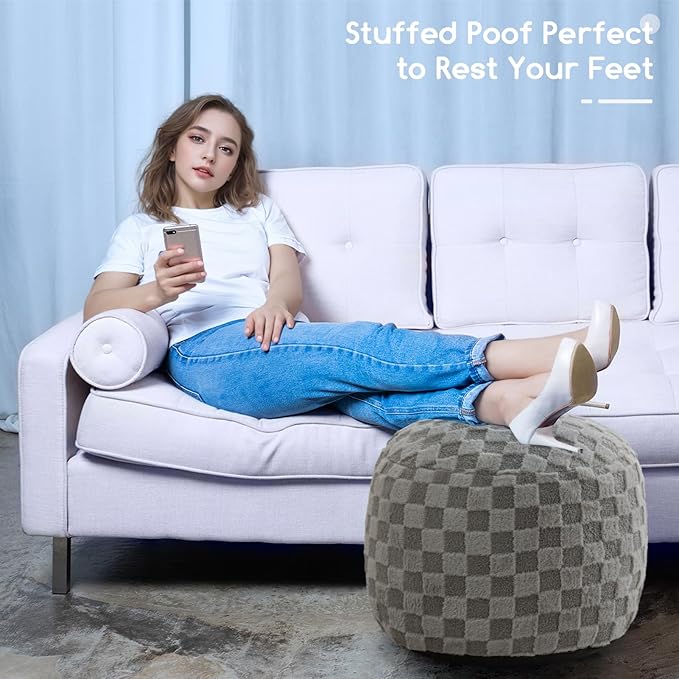 HIGOGOGO Round Stuffed Pouf Ottoman, Plaid Poufs with Foam Chunk Filling, Fluffy and Furry Pouf Foot Stool Storage Ottoman, 20 X 15 Floor Poufs Foot Rest for Living Room, Grey