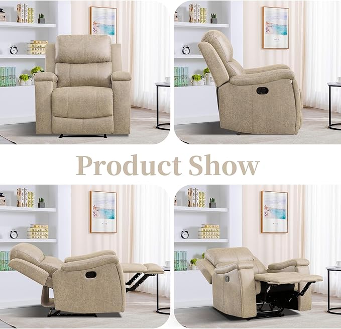 EBELLO Recliner Chair, Single Overstuffed Sofa Recliner, Breathable Faux Leather Manual Reclining Chairs with Hidden Cup Holder, Arm and Back for Adults, Living Room, Bedroom, Beige