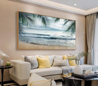 Framed Tropical Beach Wall Art - Ocean Waves Canvas Pictures Coastal Blue Sky and Sea Print Seaside Palm Tree Leaves Scene Painting Artwork Living Room Bedroom Office Home Decor 29" x 58"