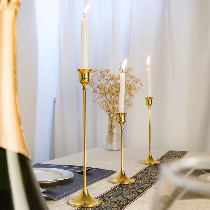 Metal Candle Holders for Candlesticks Taper Candlestick Holders Set Vintage Decorative Centerpiece Candelabra Tall Candle Stands for Halloween Thanksgiving Christmas (Gold, 4 Sets (12 pcs))