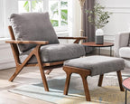Mid Century Modern Accent Chair with ottoman, Farmhouse Linen Upholstered Living Room Armchair and Ottoman Set, 23" Seat Wide Retro Leisure Lounge Chair with Wood Frame for Home, Bedroom, Office, Grey