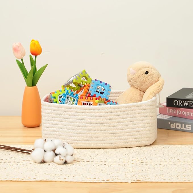Small Storage Baskets for Organizing | Closet Organizer Bins | Shelf Toy Basket | Woven Rope Baskets | Cube Decorative Box | Shallow Basket | 11.5x7.5x4.7” | 3 Packs Off White