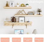 MBYD Wood Wall Shelf With Hooks Floating Shelves for Wall Bathroom Shelves Wall Mounted Nursery Floating Bookshelf for Kids Room Toy Storage Shelf for Bedroom Picture Frames Kitchen (Natural, 36 Inch)