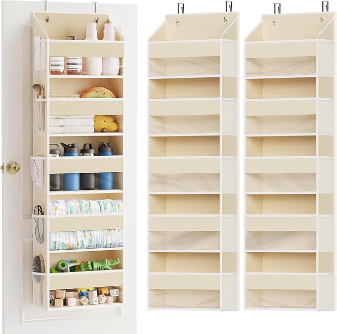 SpaceAid 2 Pack Over The Door Organizer with 5 Large Pockets and 10 Mesh Side Pockets, 5 Layers Door Organizer Hanging with Clear Window for Bedroom, Bathroom, Pantry and Nursery, Beige