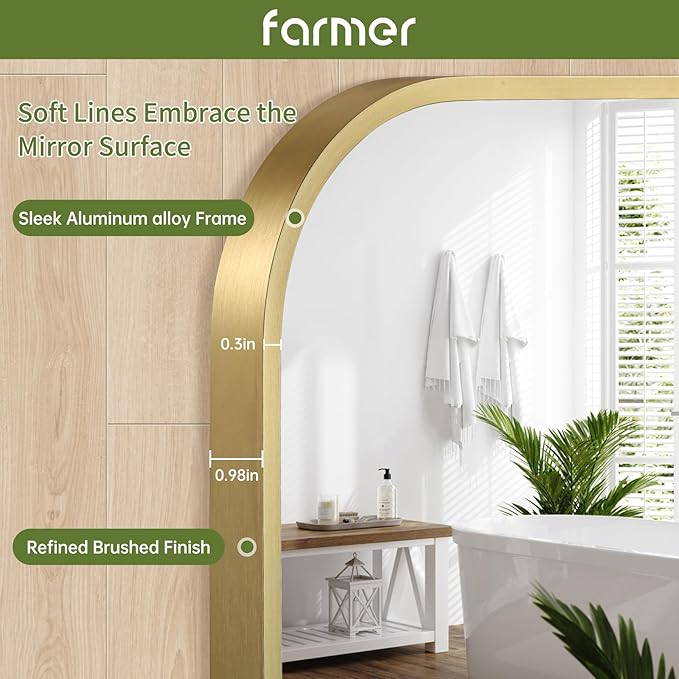 FARMER 16x20 Inch Gold Bathroom Mirror, Rectangle Vanity Mirror, Brushed Mirrors for Wall, Metal Frame Hanging Mirror with Round Corner for Bedrooms, Entryways, Living Rooms, Horizontal/Vertical