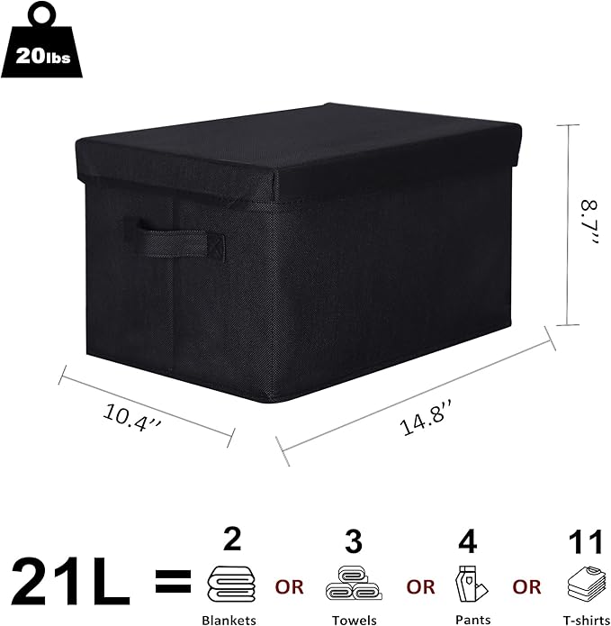 WUIKE 3 Pack Large Fabric Storage Bins with Lids, Decorative Storage Boxes with Handles, Storage Baskets for Shelves, Foldable Storage Containers, Closet Organizers for Towels, Clothes, Black