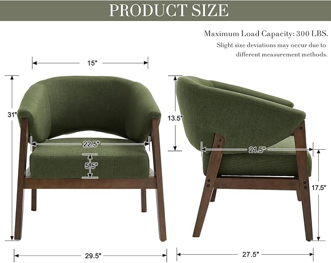 Mid-Century Modern Accent Chair, Comfy Barrel Armchair with Wide Seat, Upholstered Lounge Chair with Walnut Wood Legs for Living Room/Bedroom/Reading Corner, Linen Fabric, Deep Green, 1PC
