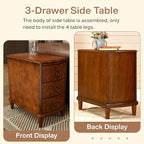 PADMA HOUSE Solid Wood End Table with 3 Drawers, Fully Assembled Nightstand with Sliding Shelf, Pre-Assembled Vintage Wooden Beside Table in Cherry Brown for Small Space,13.4 * 22.4 * 22.6in
