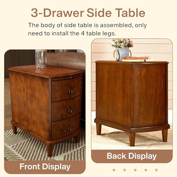 PADMA HOUSE Solid Wood End Table with 3 Drawers, Fully Assembled Nightstand with Sliding Shelf, Pre-Assembled Vintage Wooden Beside Table in Cherry Brown for Small Space,13.4 * 22.4 * 22.6in