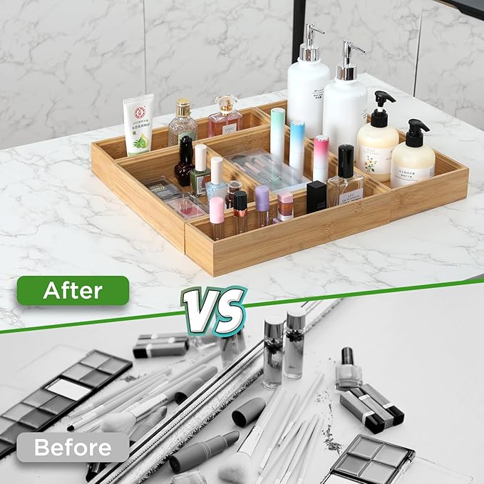 Bamboo Drawer Organizer, 2PCS Stackable Storage Boxes for Utensil Organizer, Wood Tray for kitchen, Bathroom and Bedroom 12" x 6" x 2"