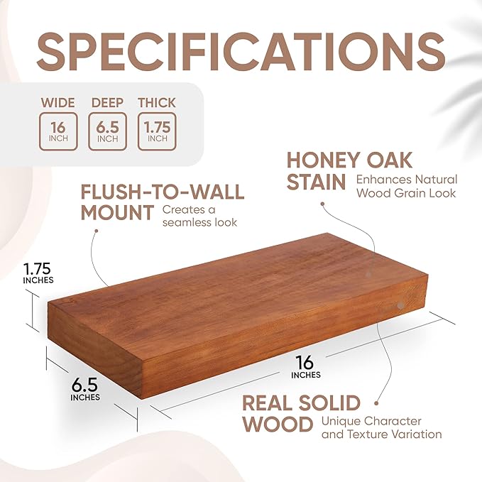 Homeforia 16 inch Oak Floating Shelf, High End Solid Real Wood 16inch Small Floating Shelves for Wall Mounted, Honey Oak Wooden 16in Floating Shelves, Heavy Duty Bracket, 16 X 6.5 X 1.75 in, Set of 4