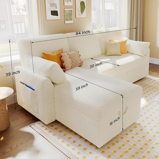 VanAcc Sofa Bed, Sleeper Sofa- 2 in 1 Pull Out Couch Bed with Storage Chaise for Living Room, White Sherpa 84in x 59in x 39in