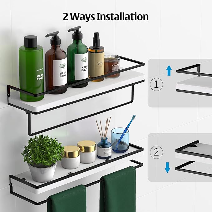 Meangood Floating Shelves Wall Mounted Set of 2, Wall Shelf with Towel Bar Rustic Wood Wall Storage Shelves for Bedroom,Living Room,Bathroom, Kitchen White