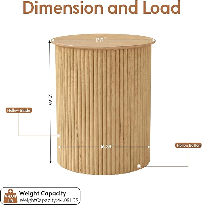 AVZEAR Small Round Side Table Fluted Night Stand Set of 2, Modern Boho End Table with Storage, 17.7" Circle Bedside Tables Wood Nightstands for Small Spaces, Living Room, Bedroom (Natural)