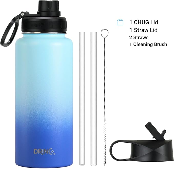 DRINCO Stainless Steel Water Bottle Spout Lid Vacuum Insulated Double Wall Water Bottle Wide Mouth (40oz 32oz 22oz 18oz 14oz) Leak Proof Keeps Cold or Hot (32 oz, 32oz Morning Sky Blue)