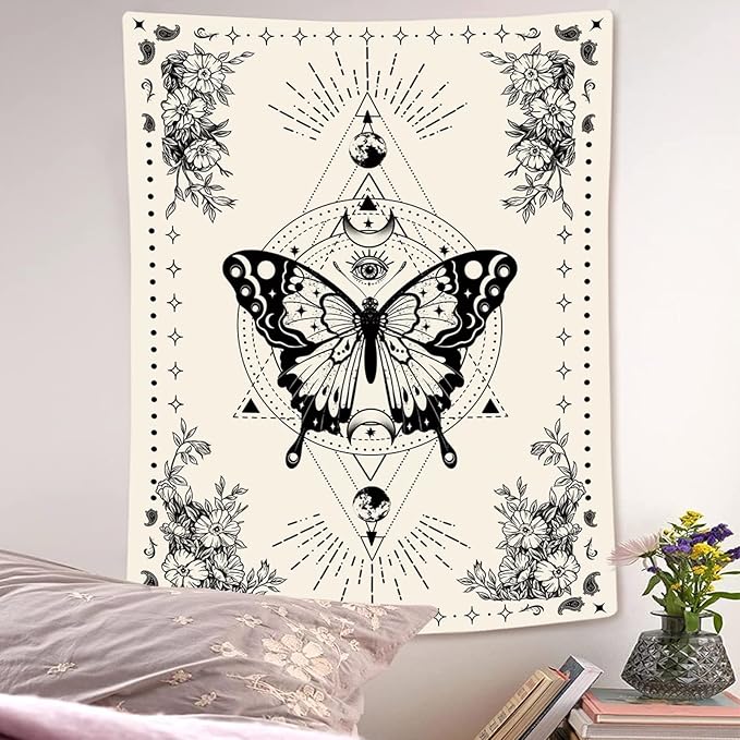 Lunerfex Boho Butterfly Tapestry Small Tapestry Tarot Tapestries Moon Phase Aesthetic Tapestries Wall Hanging for Bedroom and Living Room Decor Butterfly 36×48 Inches