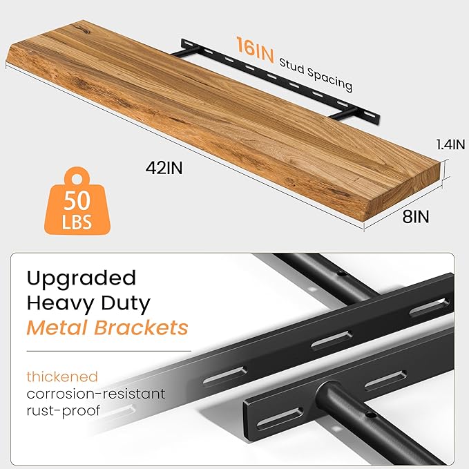 Floating Shelves for Wall, 42" Live Edge Solid Elm Wood Floating Shelf, Wall-Mounted Display Shelves with Invisible Heavy-Duty Metal Bracket, Floating Shelf for Living Room Kitchen, Natural