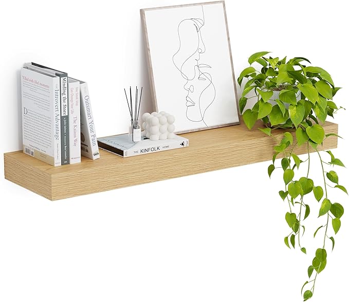 Heimlove 12" Deep Floating Shelves, 36 x 12 Inch Wall Mounted Long Floating Shelf with Invisible Brackets, for Home Decor, Bedroom, Kitchen, Living Room, Bathroom - 1 Pack, Oak